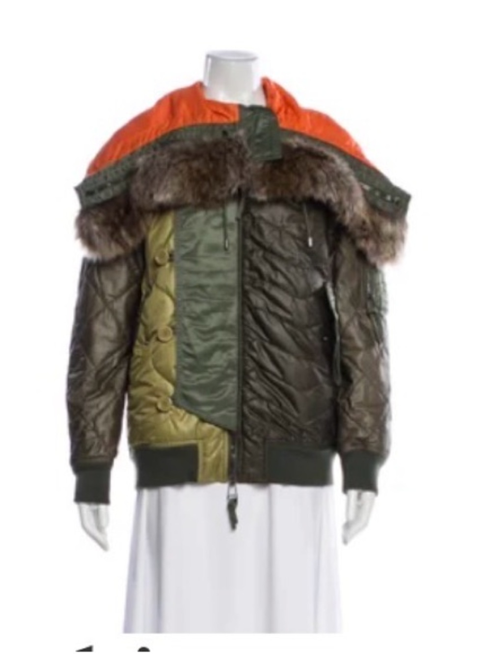 Moschino Couture Quilted Bomber Jacket in Olive, Khaki & Orange w Fur Trim